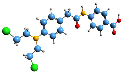  3D image of Pafencil skeletal formula - molecular chemical structure of chloroethylaminophenacetylparaaminobenzoic acid isolated on white background