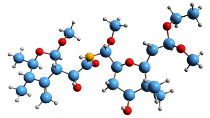  3D image of Pederin skeletal formula - molecular chemical structure of vesicant toxic amide isolated on white background
