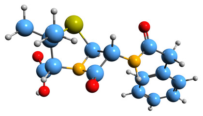  3D image of Penicillin skeletal formula - molecular chemical structure of beta-lactam antibiotic isolated on white background
 - obrazy, fototapety, plakaty
