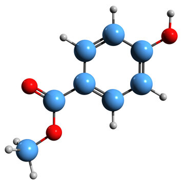  3D image of Methylparaben skeletal formula - molecular chemical structure of Methyl p-hydroxybenzoate isolated on white background
