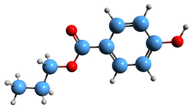  3D image of Propylparaben skeletal formula - molecular chemical structure of 4-Hydroxybenzoesaurepropylester isolated on white background