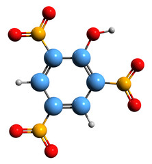 Obraz premium 3D image of Picric acid skeletal formula - molecular chemical structure of Trinitrobenzenol isolated on white background