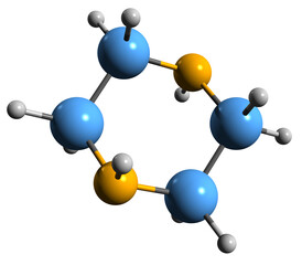  3D image of Piperazine skeletal formula - molecular chemical structure of Hexahydropyrazine isolated on white background