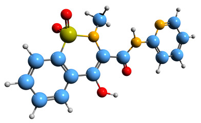  3D image of Piroxicam skeletal formula - molecular chemical structure of  nonsteroidal anti-inflammatory drug isolated on white background
