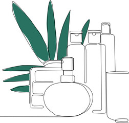 Continuous drawing of one line of bottles with oil or honey or lemon or lime juice for scrubbing and body skin care with natural herbal skin care products, top view of ingredients. Vector illustration