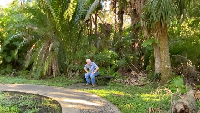 Elderly man walking through a botanical garden