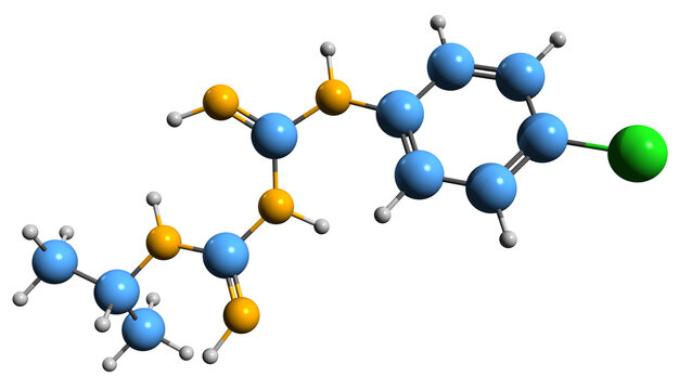  3D image of Proguanil skeletal formula - molecular chemical structure of chlorguanide isolated on white background