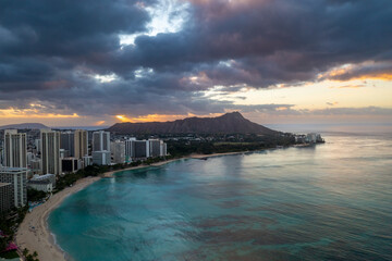 Fototapeta na wymiar Aerial view of Waikiki Beach at Sunrise