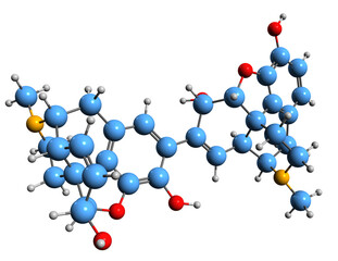  3D image of Pseudomorphine skeletal formula - molecular chemical structure of oxydimorphine isolated on white background