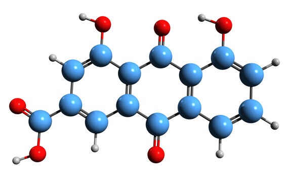 3D image of Rhein skeletal formula - molecular chemical structure of  rhubarb anthraquinone isolated on white background