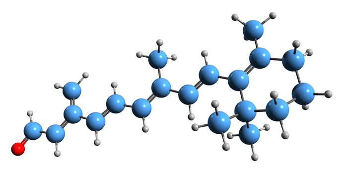  3D image of Retinal skeletal formula - molecular chemical structure of  polyene chromophore Retinaldehyde isolated on white background
