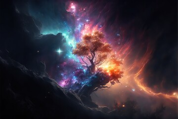 Galaxies and nebulas shaped like trees, with beautiful details on stars, planets, and universal energy - obrazy, fototapety, plakaty