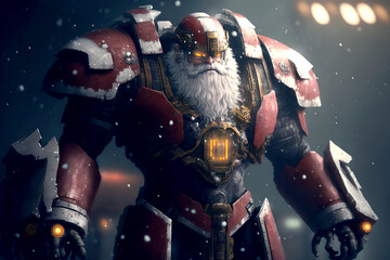 Santa Claus as a realistic and intense futuristic battle mech, Christmas, created with Generative AI