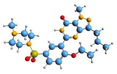  3D image of Sildenafil skeletal formula - molecular chemical structure of  erectile dysfunction medication  isolated on white background

