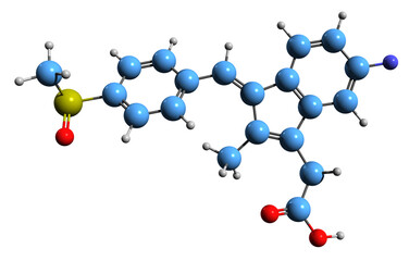  3D image of Sulindac skeletal formula - molecular chemical structure of nonsteroidal anti-inflammatory drug isolated on white background