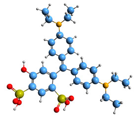  3D image of Patent Blue V skeletal formula - molecular chemical structure of blue synthetic triphenylmethane dye isolated on white background
