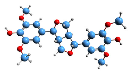  3D image of Syringaresinol skeletal formula - molecular chemical structure of eleutherococcus lignan isolated on white background