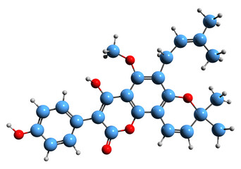  3D image of scandeline skeletal formula - molecular chemical structure of coumarin isolated on white background
