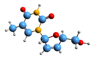  3D image of Stavudine skeletal formula - molecular chemical structure of  antiretroviral medication isolated on white background
