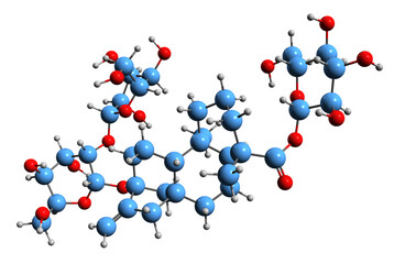  3D image of Stevioside skeletal formula - molecular chemical structure of  stevia plant glycoside isolated on white background