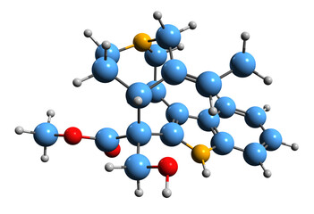  3D image of Stemmadenine skeletal formula - molecular chemical structure of terpene indole alkaloid isolated on white background