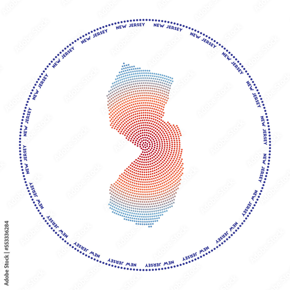 Poster new jersey round logo. digital style shape of new jersey in dotted circle with us state name. tech i