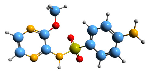  3D image of Sulfalene skeletal formula - molecular chemical structure of sulfonamide isolated on white background
