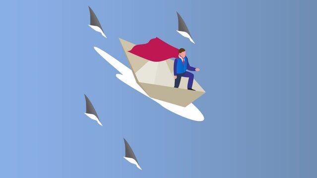 Businessman wears cape on paper boat with sharks