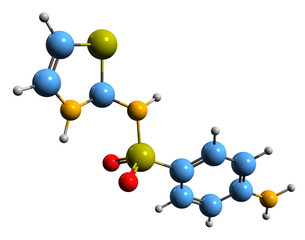   3D image of Sulfathiazole skeletal formula - molecular chemical structure of sulfonamide isolated on white background
