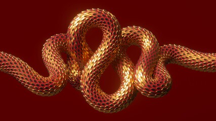 3d render, abstract red background with golden wavy snake, shiny metallic chinese dragon scales texture, unique wallpaper