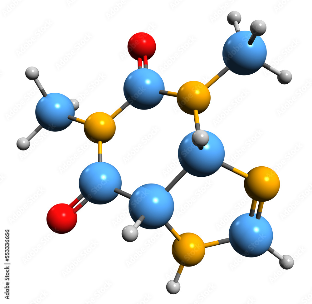 Sticker 3d image of theophylline skeletal formula - molecular chemical structure of dimethylxanthine isolate