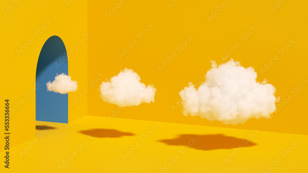 Poster 3d rendering, abstract minimalist yellow background with the row of three white clouds flying out th