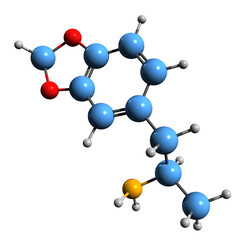  3D image of Methylenedioxyamphetamine skeletal formula - molecular chemical structure of psychedelic drug isolated on white background
