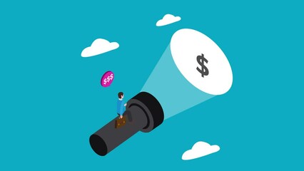 Man flying while illuminated dollar symbol in sky