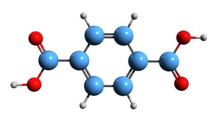  3D image of Terephthalic acid skeletal formula - molecular chemical structure of para-Phthalic acid isolated on white background
