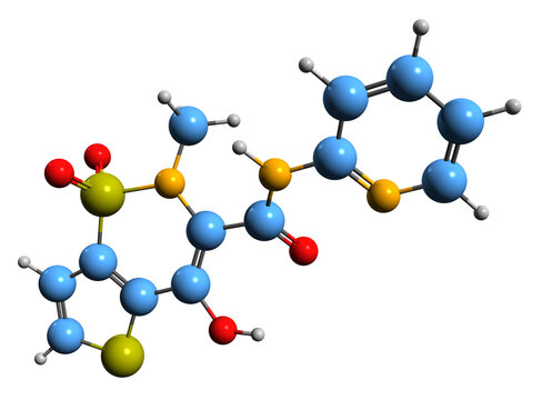  3D image of Tenoxicam skeletal formula - molecular chemical structure of nonsteroidal anti-inflammatory drug isolated on white background
