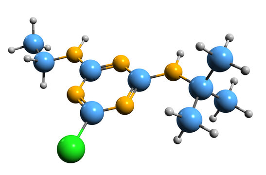  3D image of Terbuthylazine skeletal formula - molecular chemical structure of selective herbicide isolated on white background
