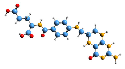  3D image of Tetrahydrofolic acid skeletal formula - molecular chemical structure of tetrahydrofolate isolated on white background