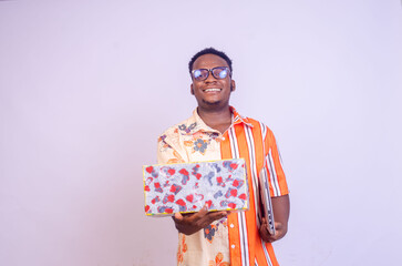 Side profile view young black man 20s years old hold use work on laptop pc computer