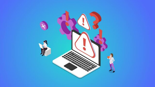 Two businesswoman use laptop with software error