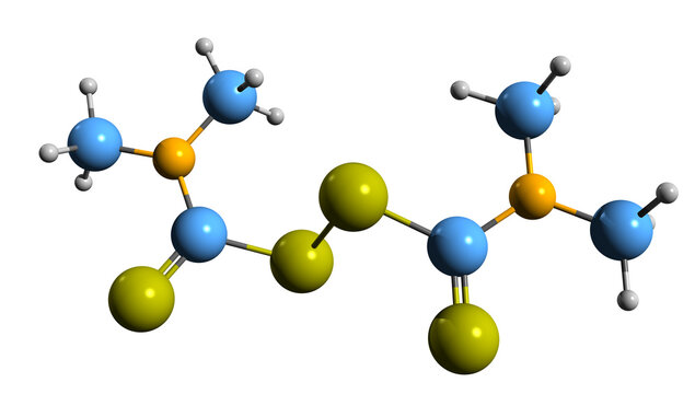  3D image of Thiram skeletal formula - molecular chemical structure of Fungicide  thiuram disulfide isolated on white background