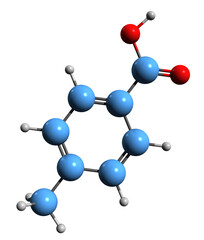 Obraz premium 3D image of Toluic acid skeletal formula - molecular chemical structure of 4-Methylbenzoic acid isolated on white background 