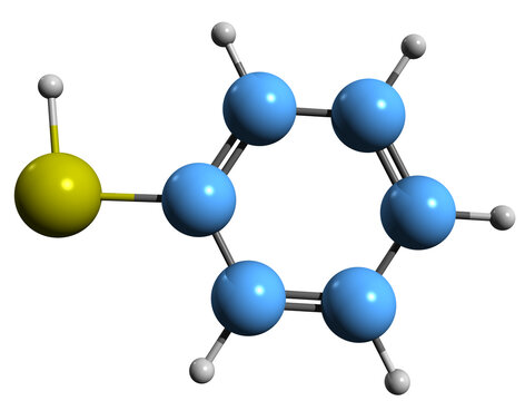  3D image of Thiophenol skeletal formula - molecular chemical structure of Benzenethiol isolated on white background
