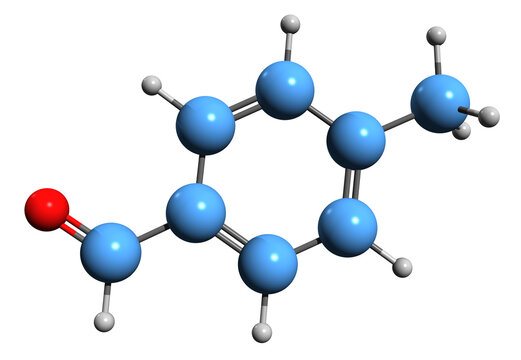  3D image of 4-Methylbenzaldehyde skeletal formula - molecular chemical structure of aromatic aldehyde p-Tolualdehyde isolated on white background