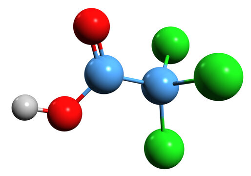  3D image of Trichloroacetic acid skeletal formula - molecular chemical structure of trichloroethanoic acid isolated on white background

