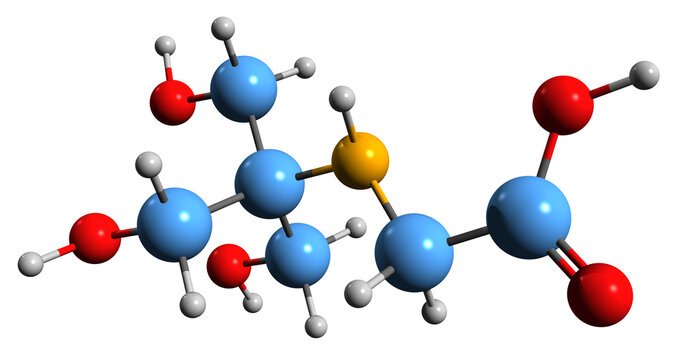  3D image of Tricine skeletal formula - molecular chemical structure of  buffering agent isolated on white background
