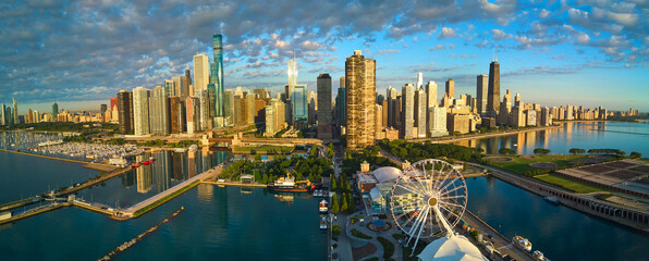 Panorama of Navy Pier and Chicago skyline from above in morning light