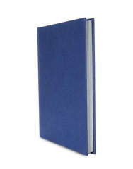 Closed book with blue hard cover isolated on white