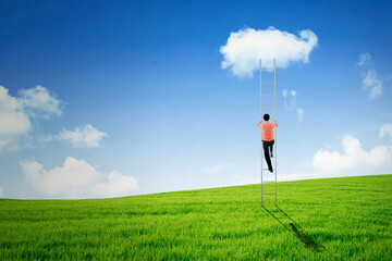 Businessman climbing on a ladder toward the cloud