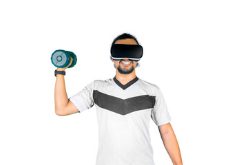 Happy man hold a barbell while wear VR headset